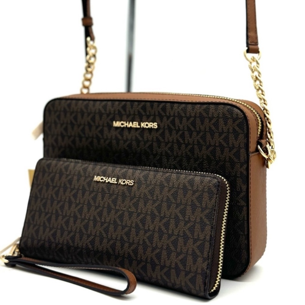 Michael Kors Large EW Crossbody Bag w Matching Continental Wallet Set Brown/Gold